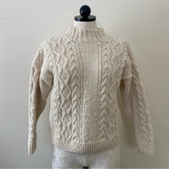 Vintage Handmade Wool Sweater Cream Fisherman Knit Aran Mock Turtleneck S M - Picture 6 of 8